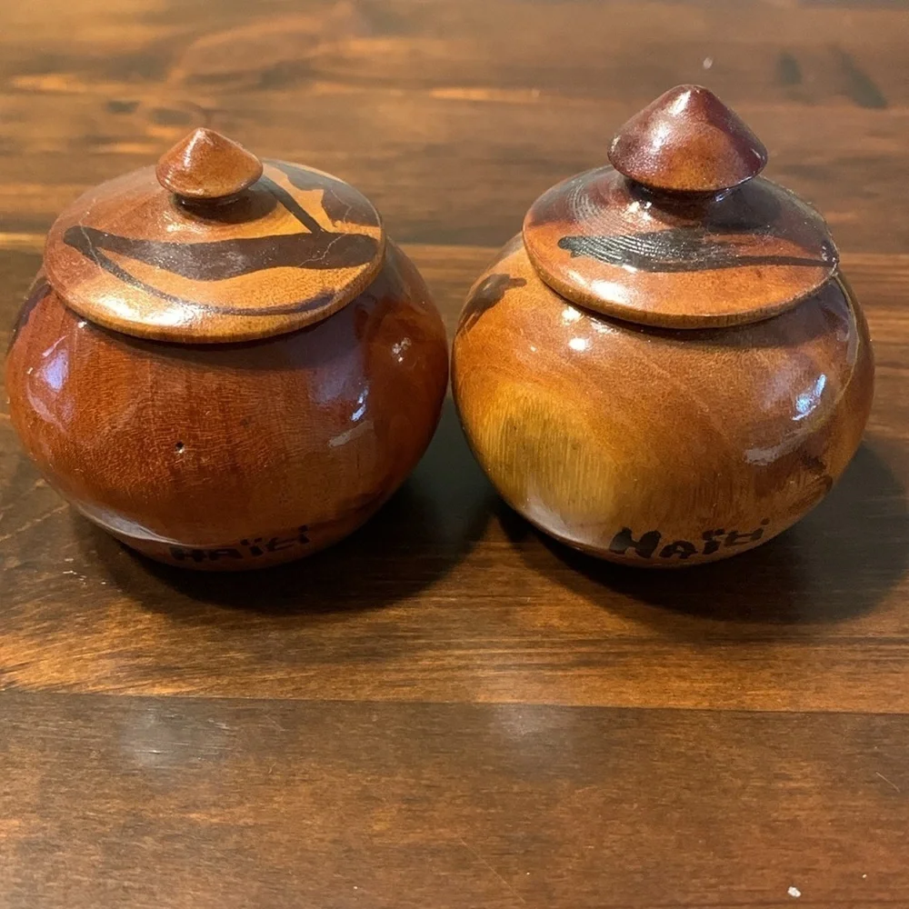 (2) Decorative Hand Carved Turned Wood Bowls with Finial Knob Lids from Haiti